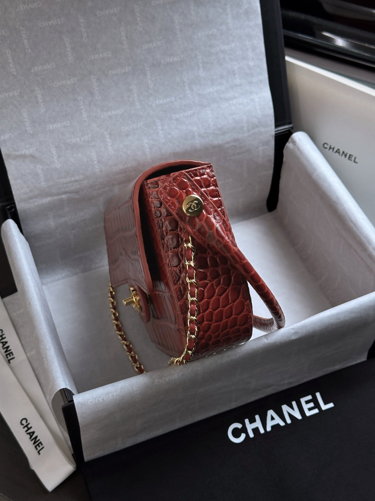 CC Mini Flap Bag with Top Handle Red Crocodile Embossed Calfskin