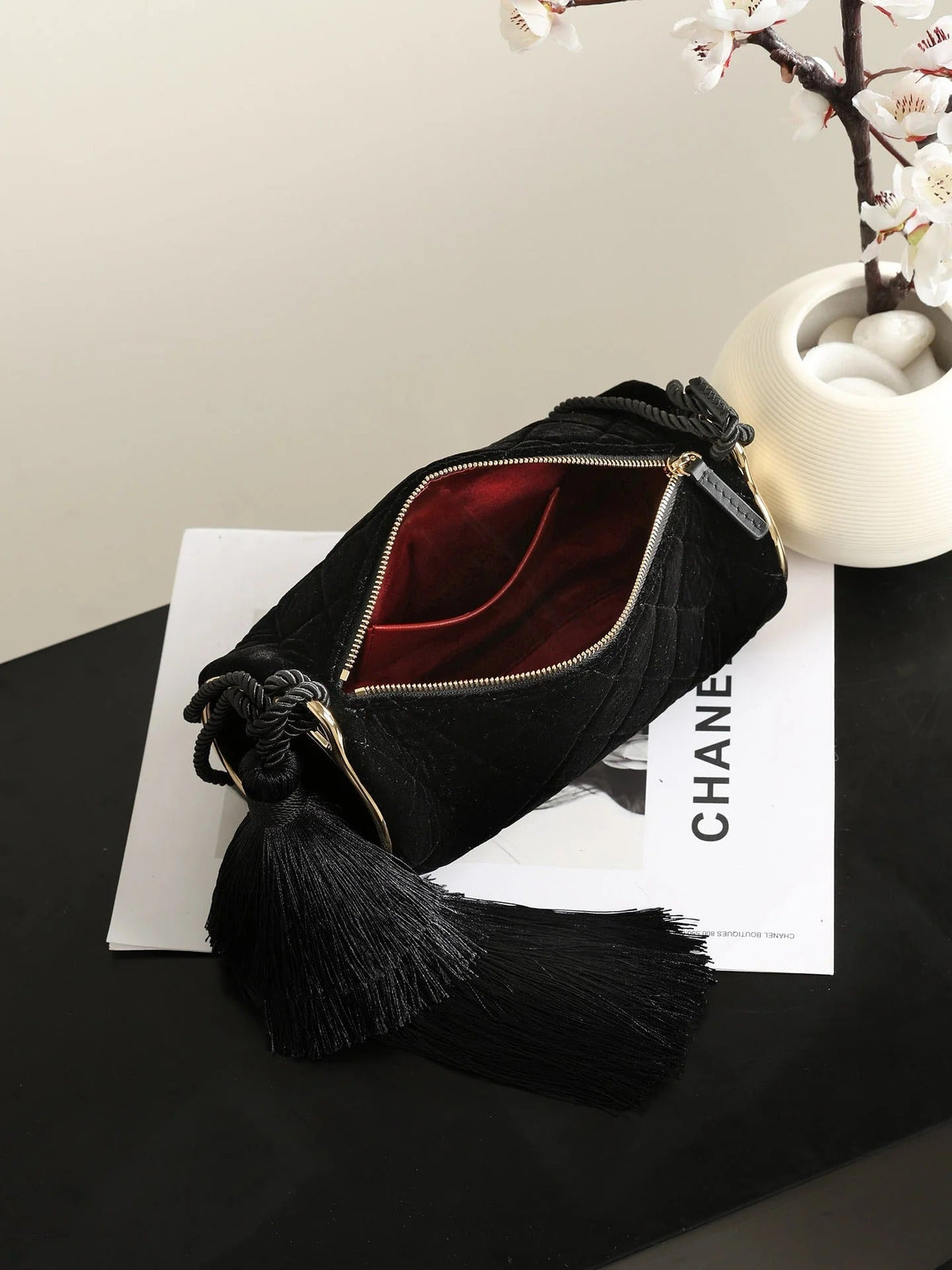 Chanel 2026 Tassel Cylindrical Bag 23.5cm Black Velvet