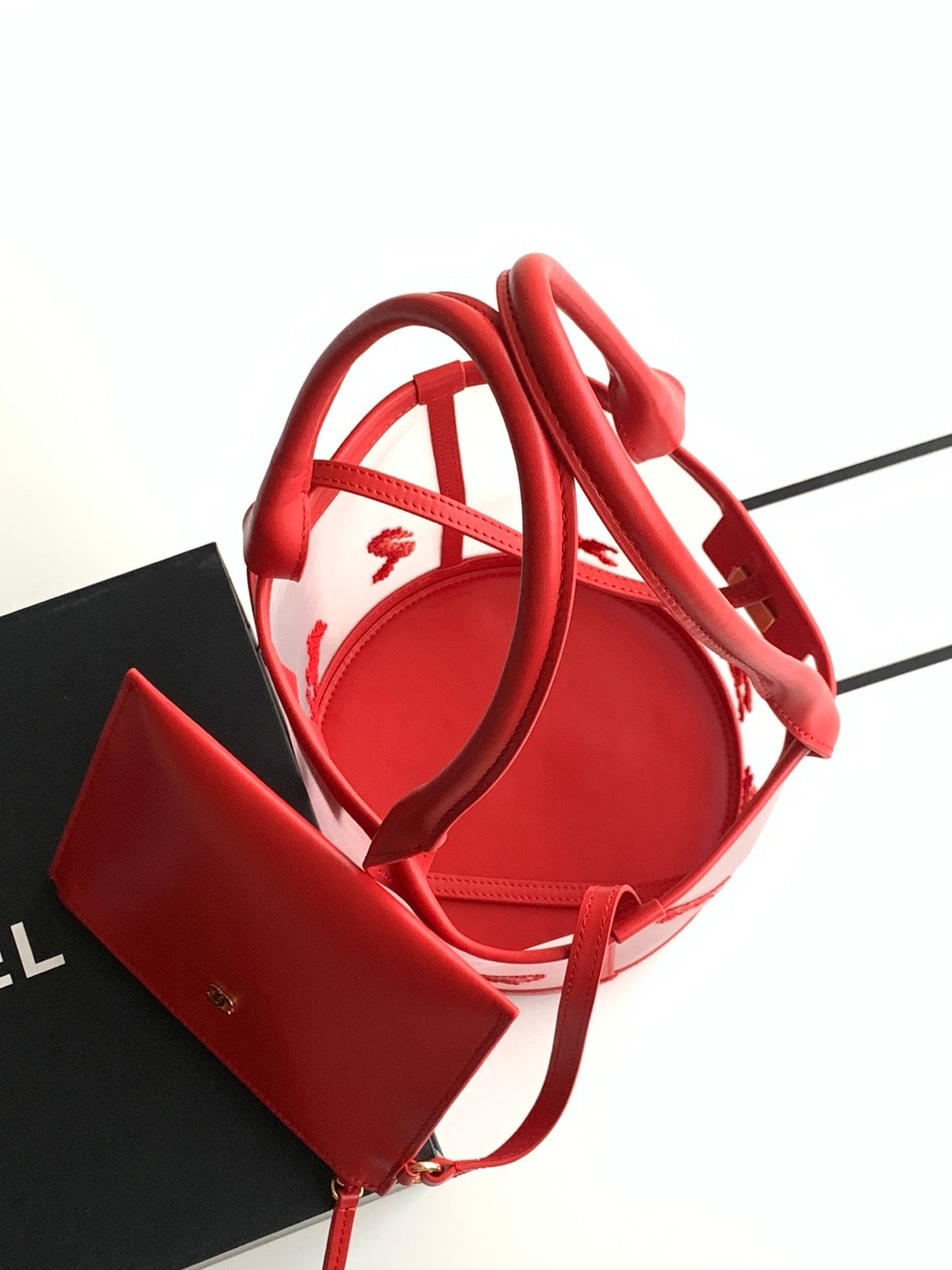 CC Large Bucket Bag Red Embroidered Mesh Calfskin