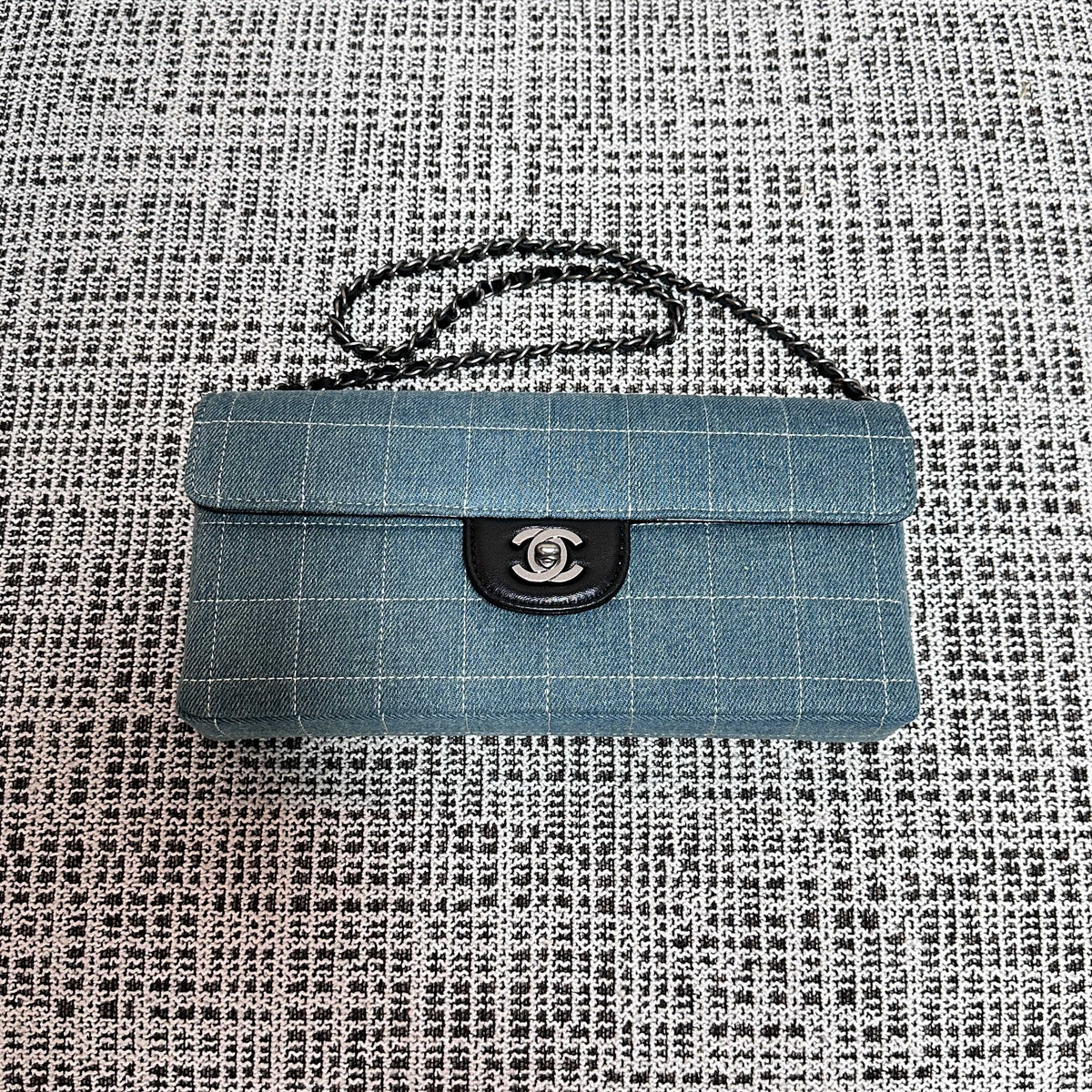 CC East-West Flap Bag 26cm Blue Plaid Denim