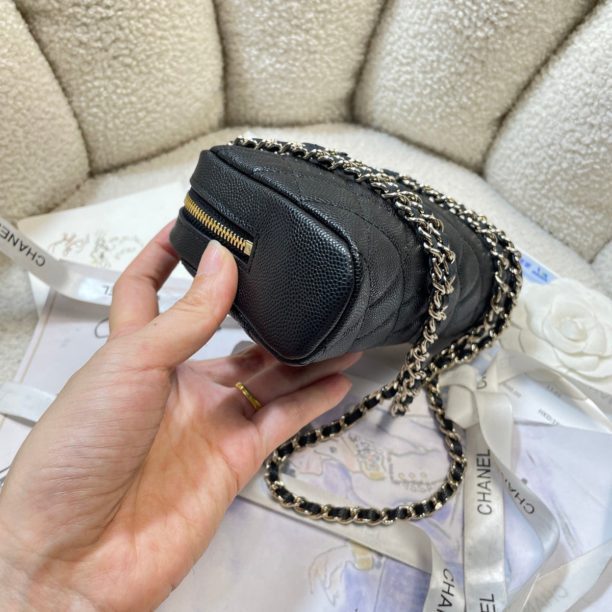 CC 26P Bowling Bag Chain Strap 19.5cn Black Caviar Cowhide GHW