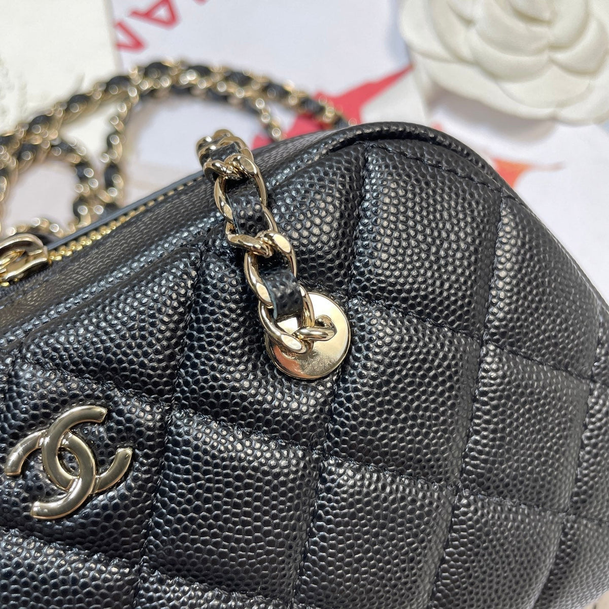 CC 26P Bowling Bag Chain Strap 19.5cn Black Caviar Cowhide GHW