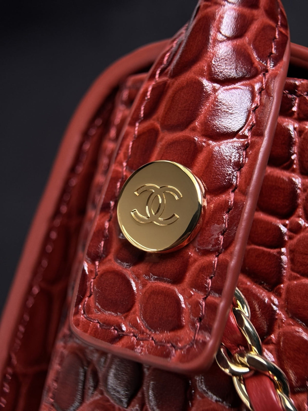 CC Mini Flap Bag with Top Handle Red Crocodile Embossed Calfskin