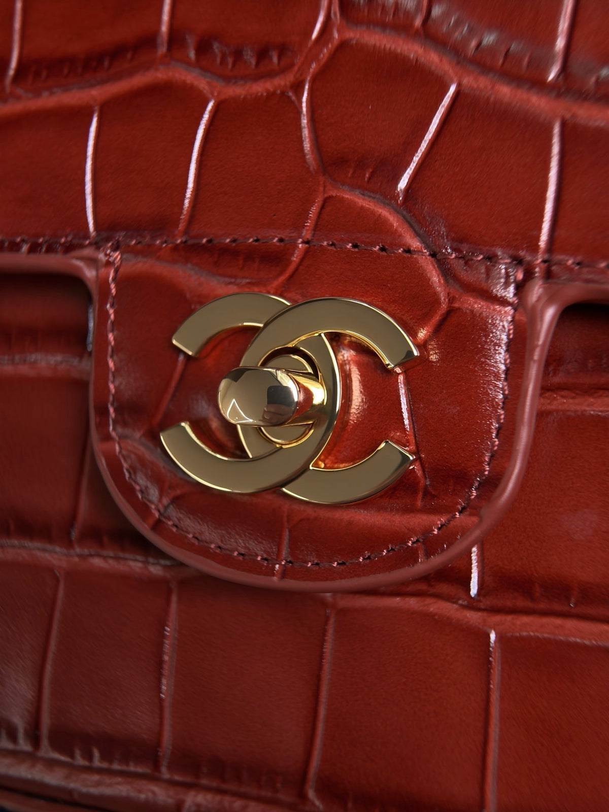 CC Mini Flap Bag with Top Handle Red Crocodile Embossed Calfskin