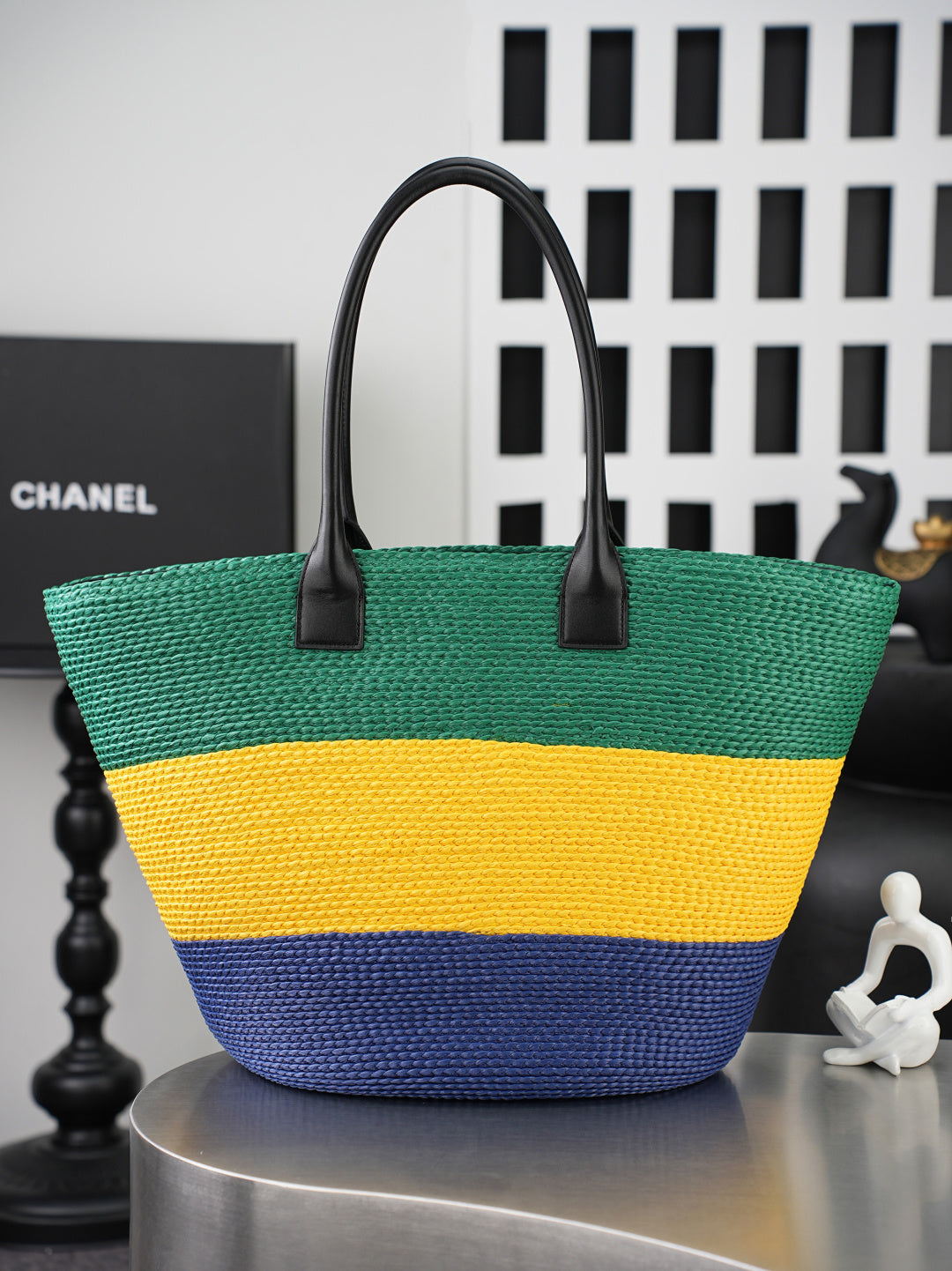 CC Coco Beach Maxi Shopping 58cm Bag Green Yellow Blue Braided Raffia 162469