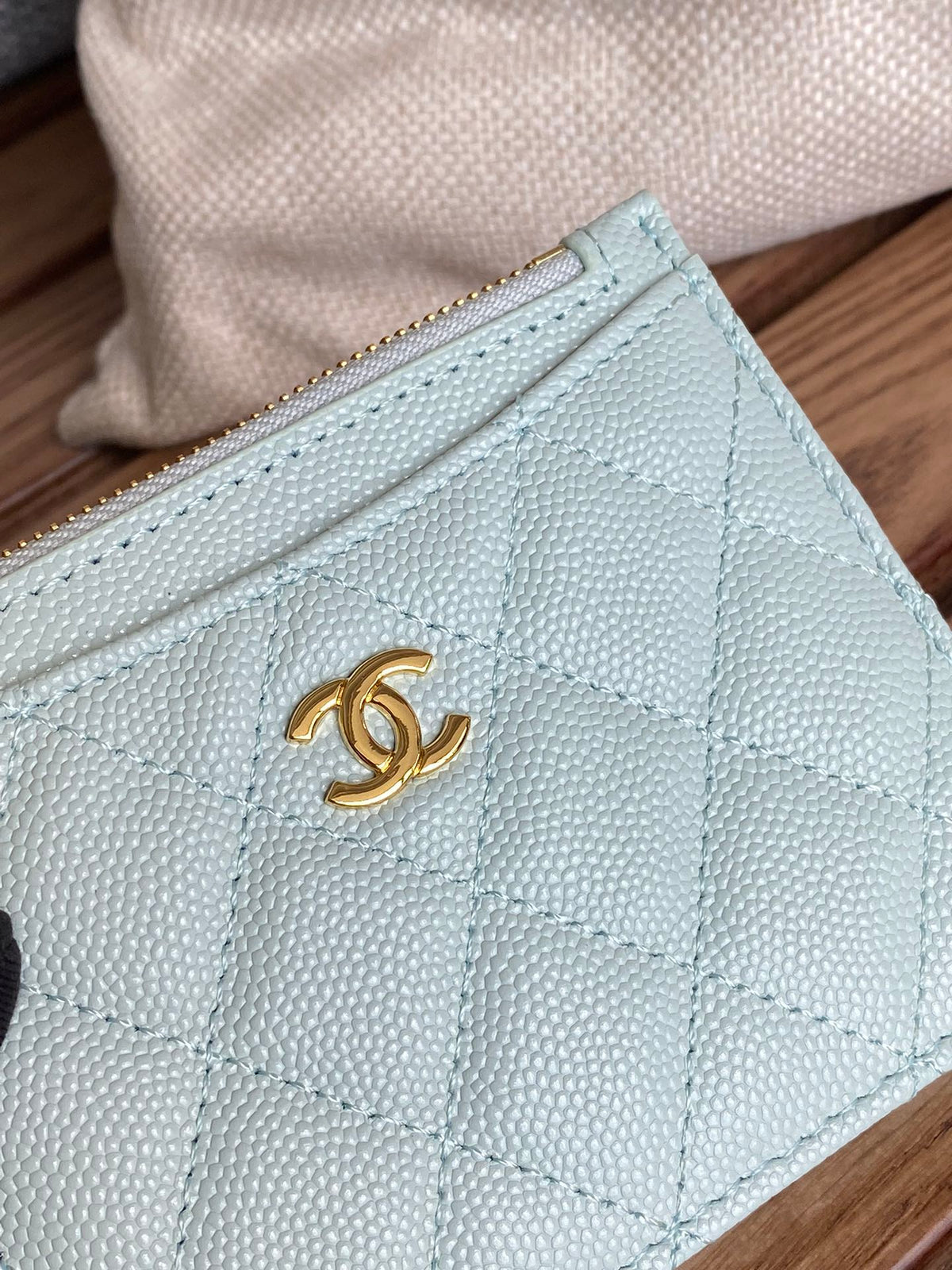 CC A84105 Coin Case Light Blue Gold Metal Caviar 240735