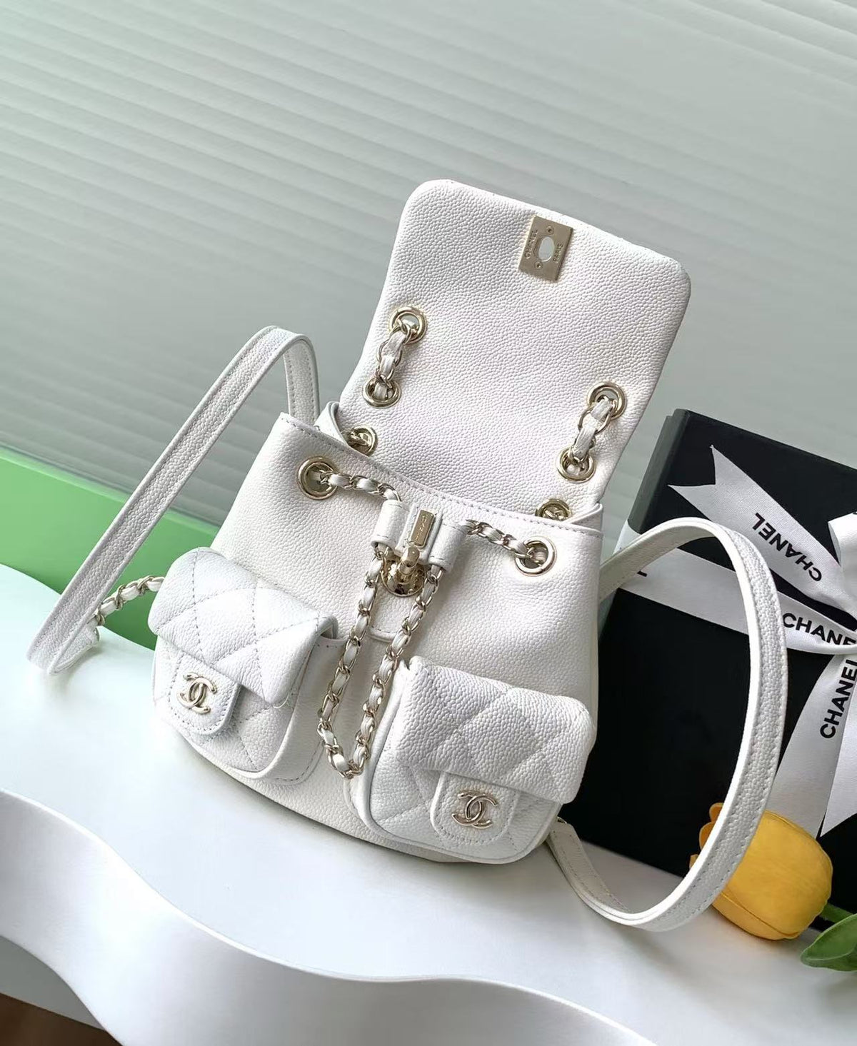 CC Backpack 17.5cm White Silver Grained Calfskin