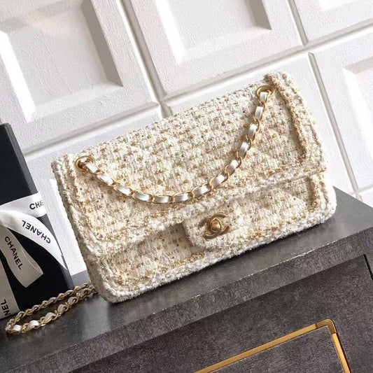 Chanel 2026 Quilted Rectangular Flap Bag 25cm White Gold Tweed Leather