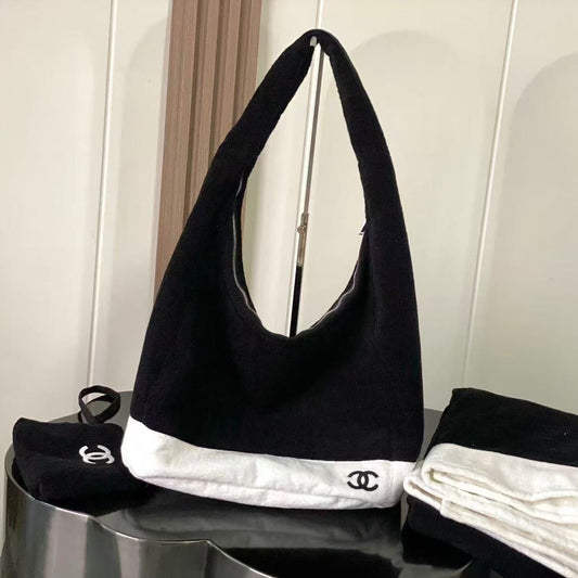 CC 2026 Beach Large Bag Black White Cotton 02 (Bag+Small Bag+Towel)