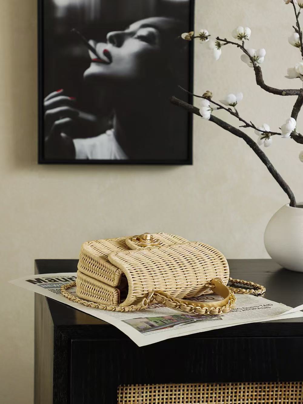 CC 2025/26 Mini Flap Bag with Top Handle Beige Braided Rattan