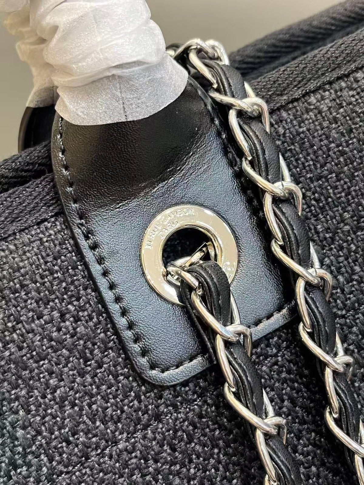 CC Deauville Tote Bag White Lettering Chain Strap 38cm Black Denim