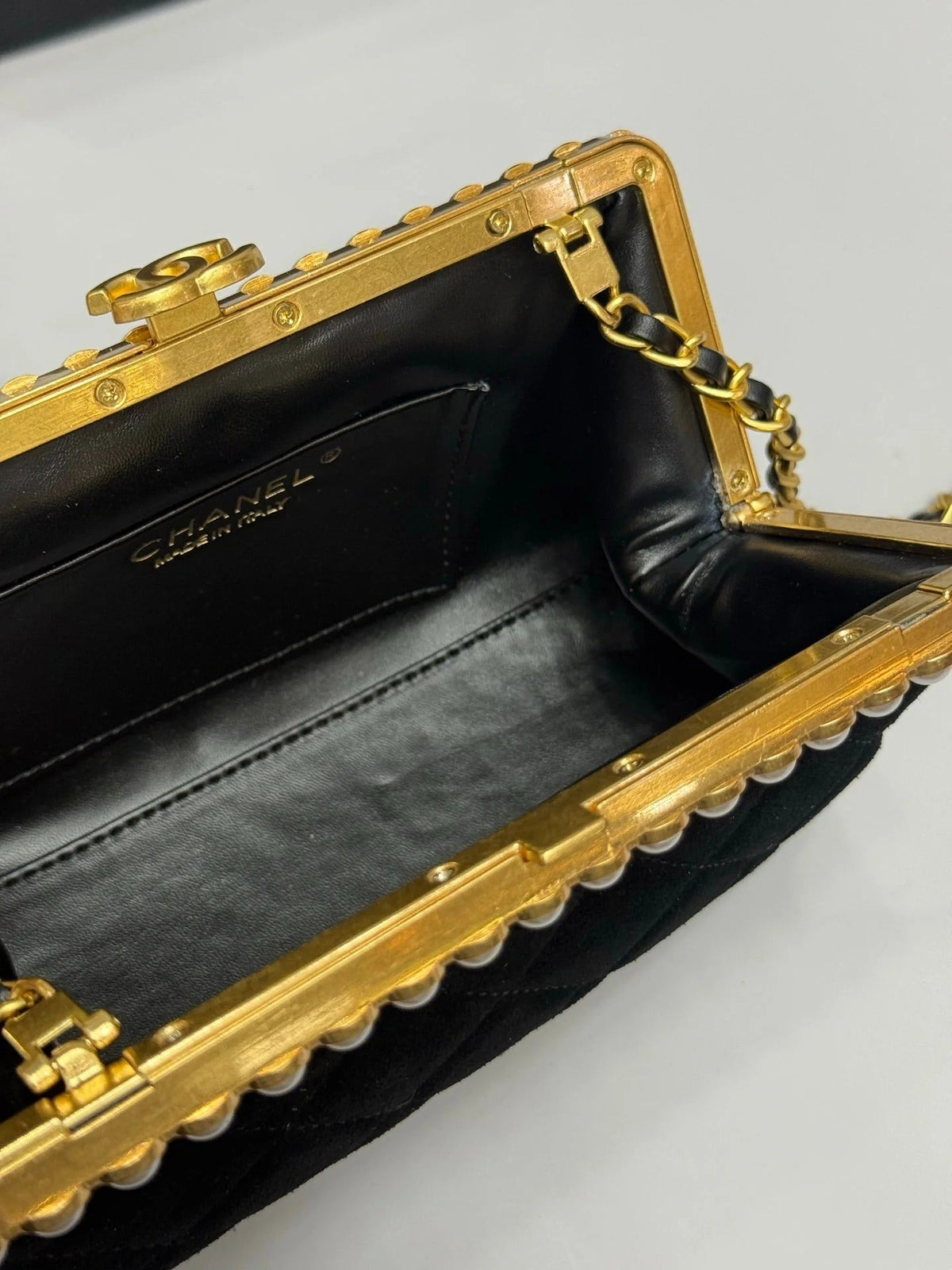 Chanel 2026 Pearl Clutch Black Gold Velvet Leather