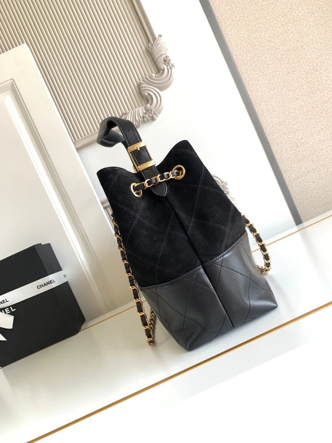 Chanel 2026 Stitched Shopping Bag 36cm Black Suede Calfskin 348237