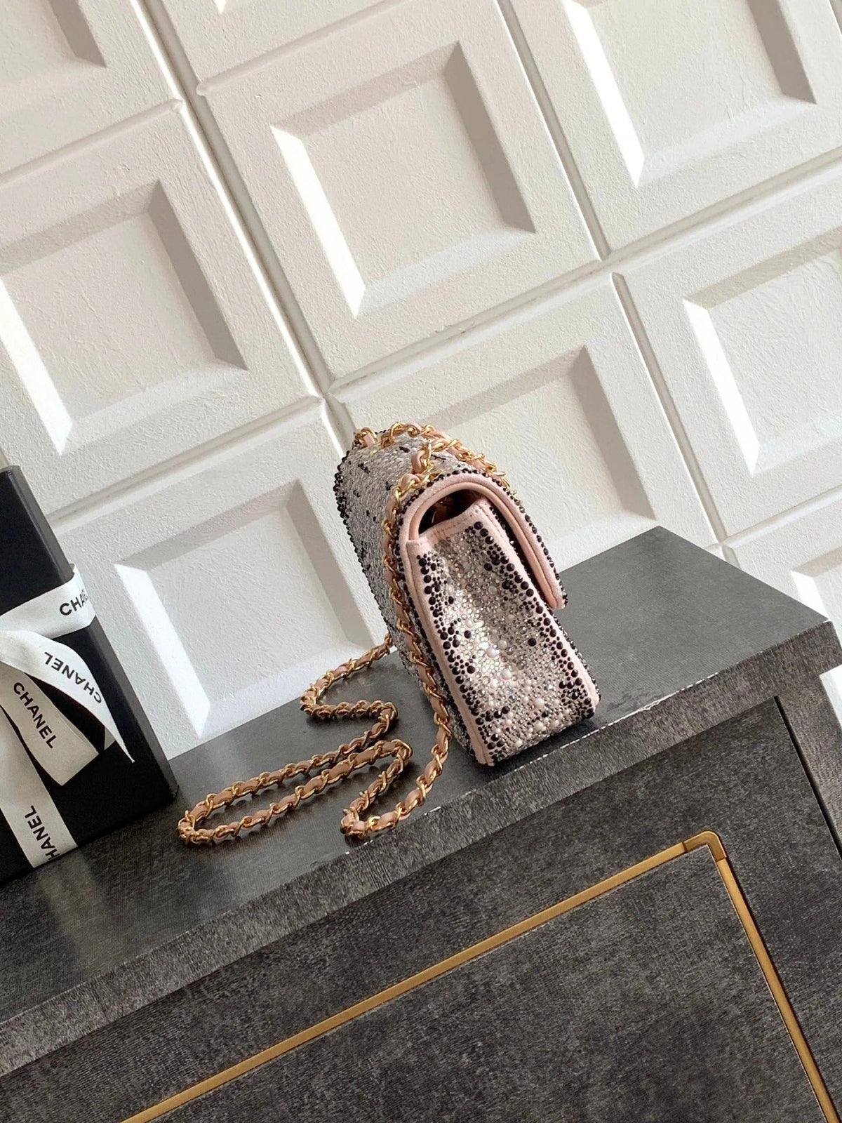 Chanel 2026 Flap Bag 20cm Pink Black Sequin Leather 348826
