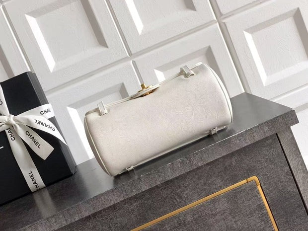 Chanel 2026 Bowling Ball Cylinder Bag White Caviar Leather