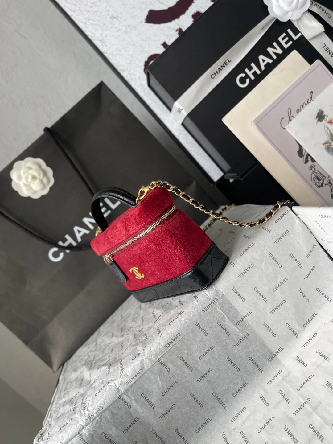 Chanel 2026 Vanity Bag 19.5cm Red mix Black Suede Leather