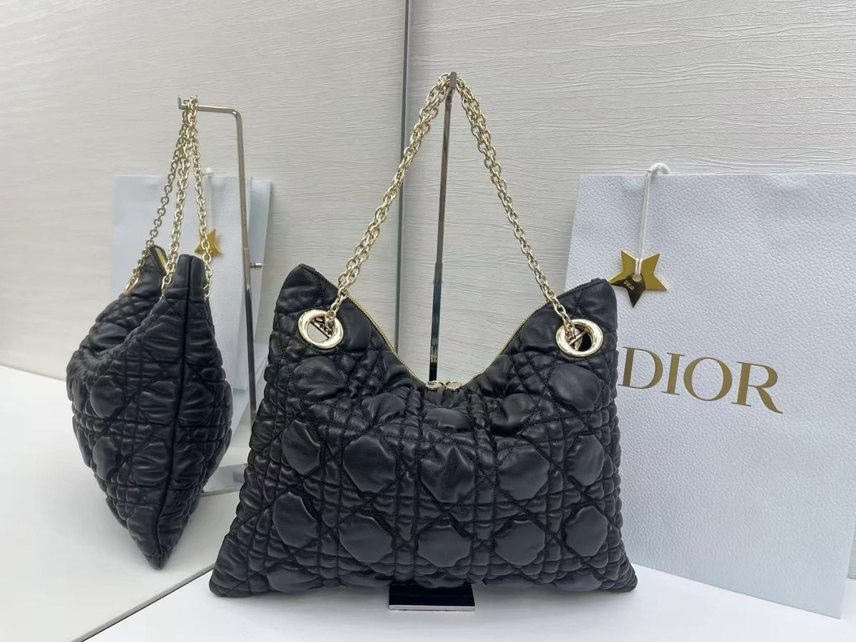 Dior 2026 Crunchy Bag 38cm Black Puffy Macrocannage Calfskin