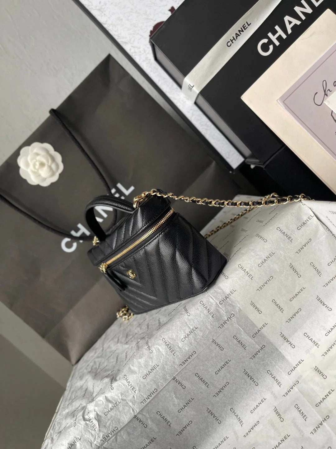 Chanel 2026 V-Shaped Quilted Chain Bag 19.5cm Black Caviar Leather