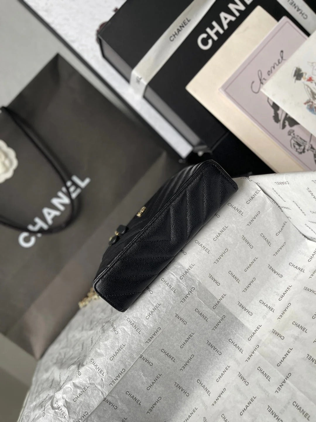 Chanel 2026 V-Shaped Quilted Chain Bag 19.5cm Black Caviar Leather