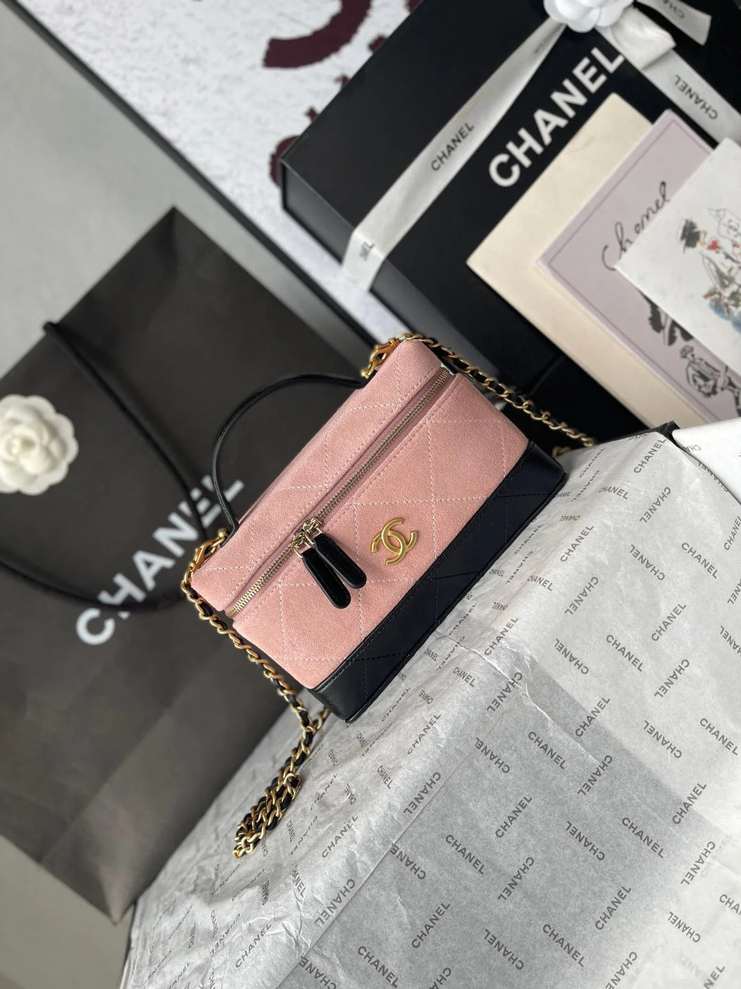 Chanel 2026 Vanity Bag 19.5cm Pink mix Black Suede Leather