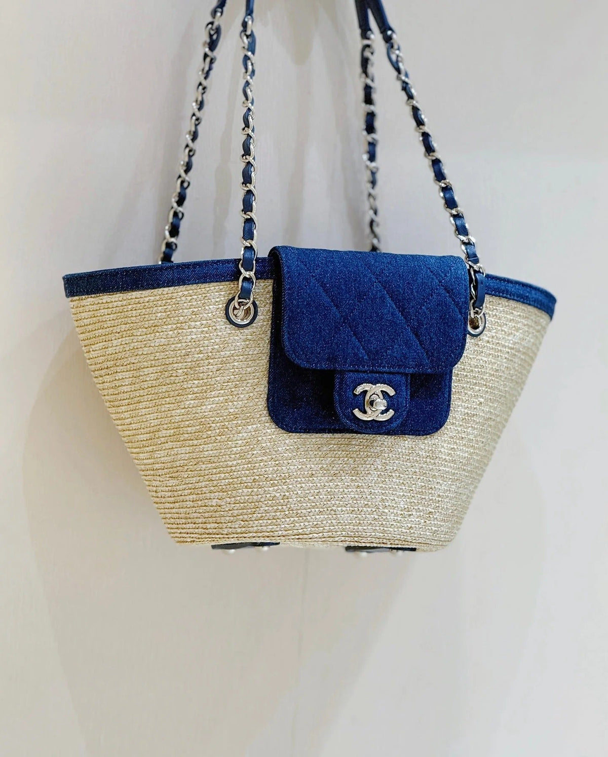 Chanel 2026 Shopping Bag 39cm Beige mix Blue Straw Denim