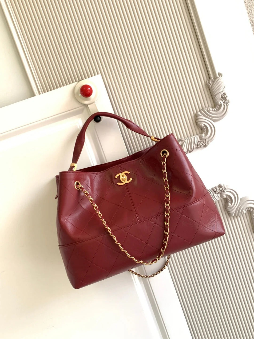 Chanel 2026 Stitched Shopping Bag 36cm Red Calfskin 348239