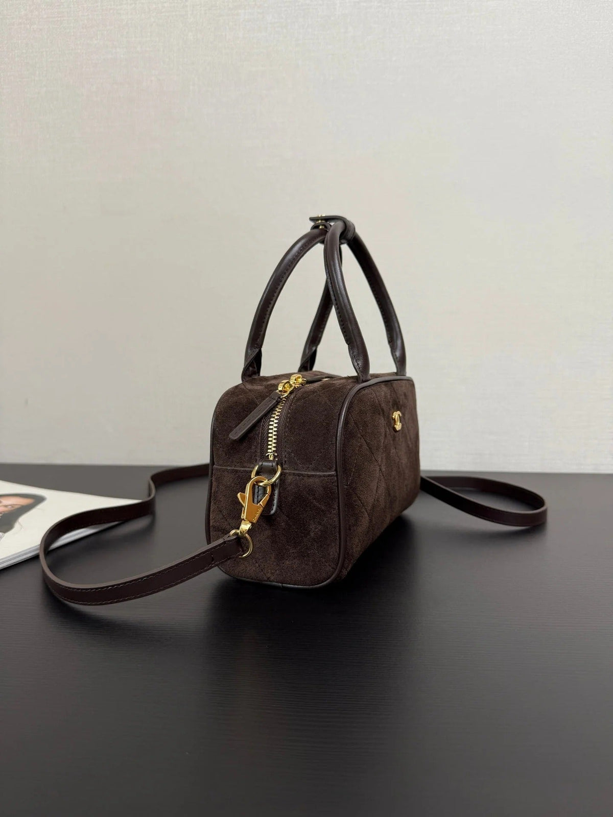 Chanel 2026 Pouch With Leather Strap 21cm Dark Brown Suede