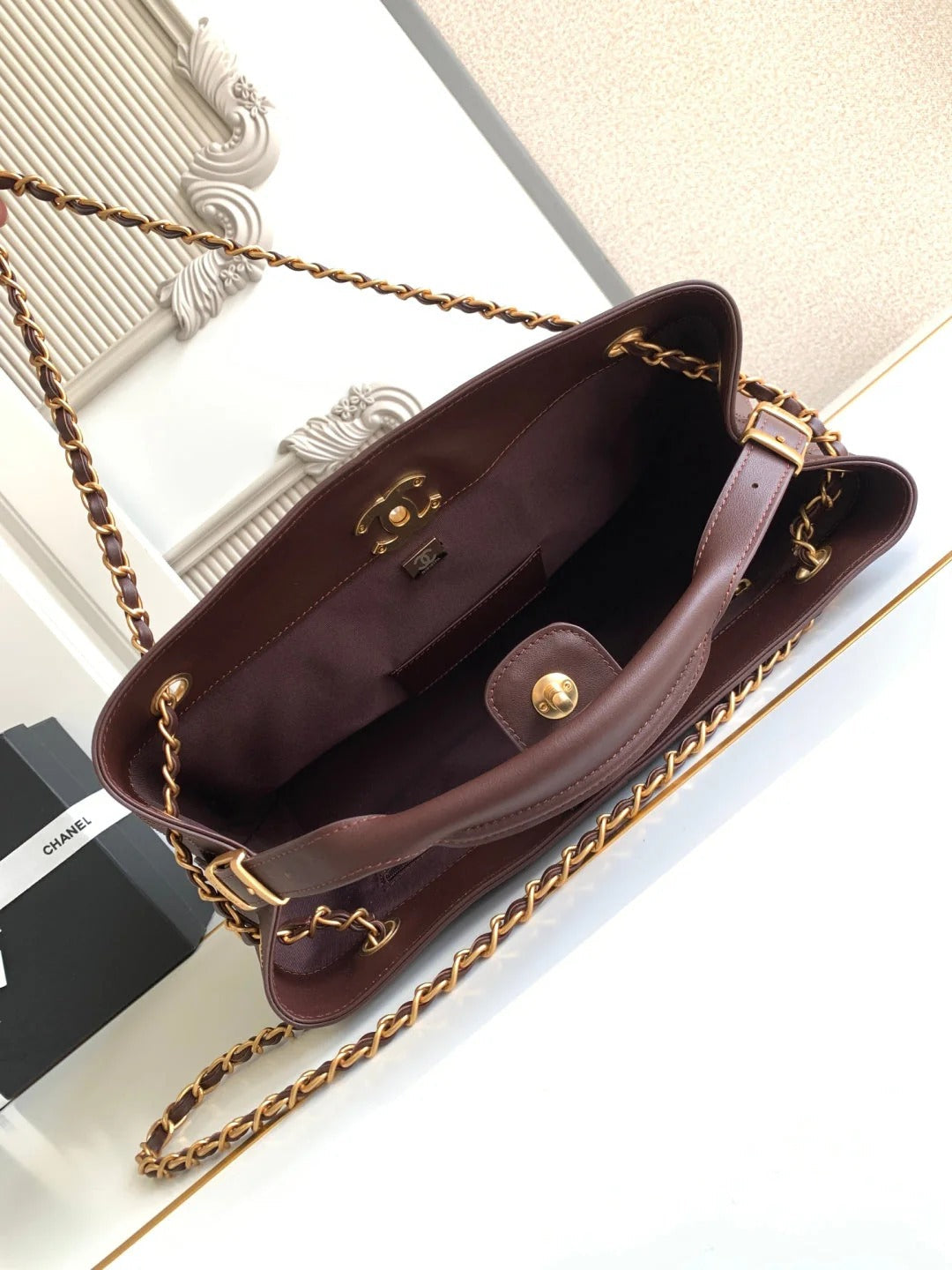 Chanel 2026 Stitched Shopping Bag 36cm Chocolate Calfskin 348238