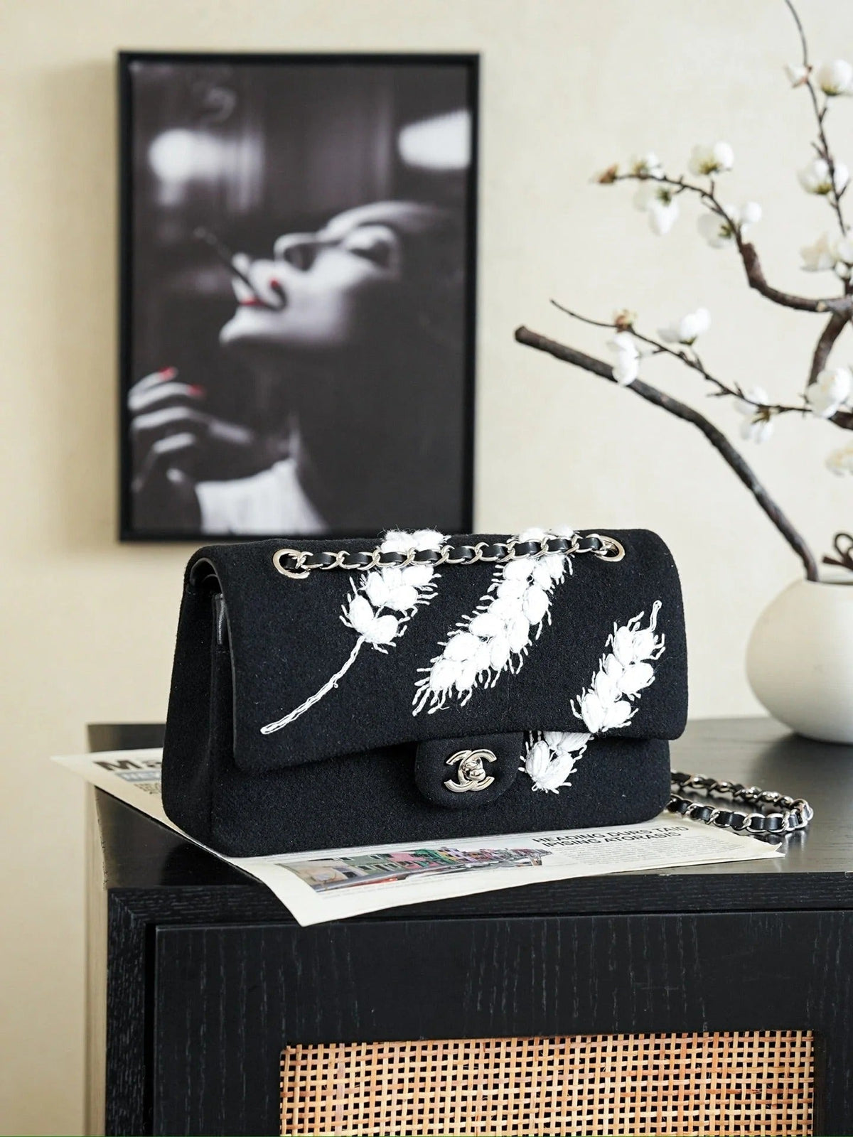 Chanel 2026 Wheat Embroidery Bag 25.5cm Black Velvet Leather