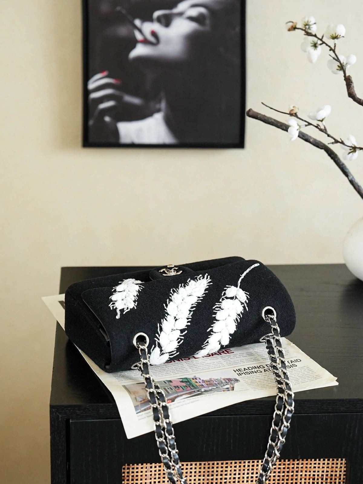 Chanel 2026 Wheat Embroidery Bag 25.5cm Black Velvet Leather
