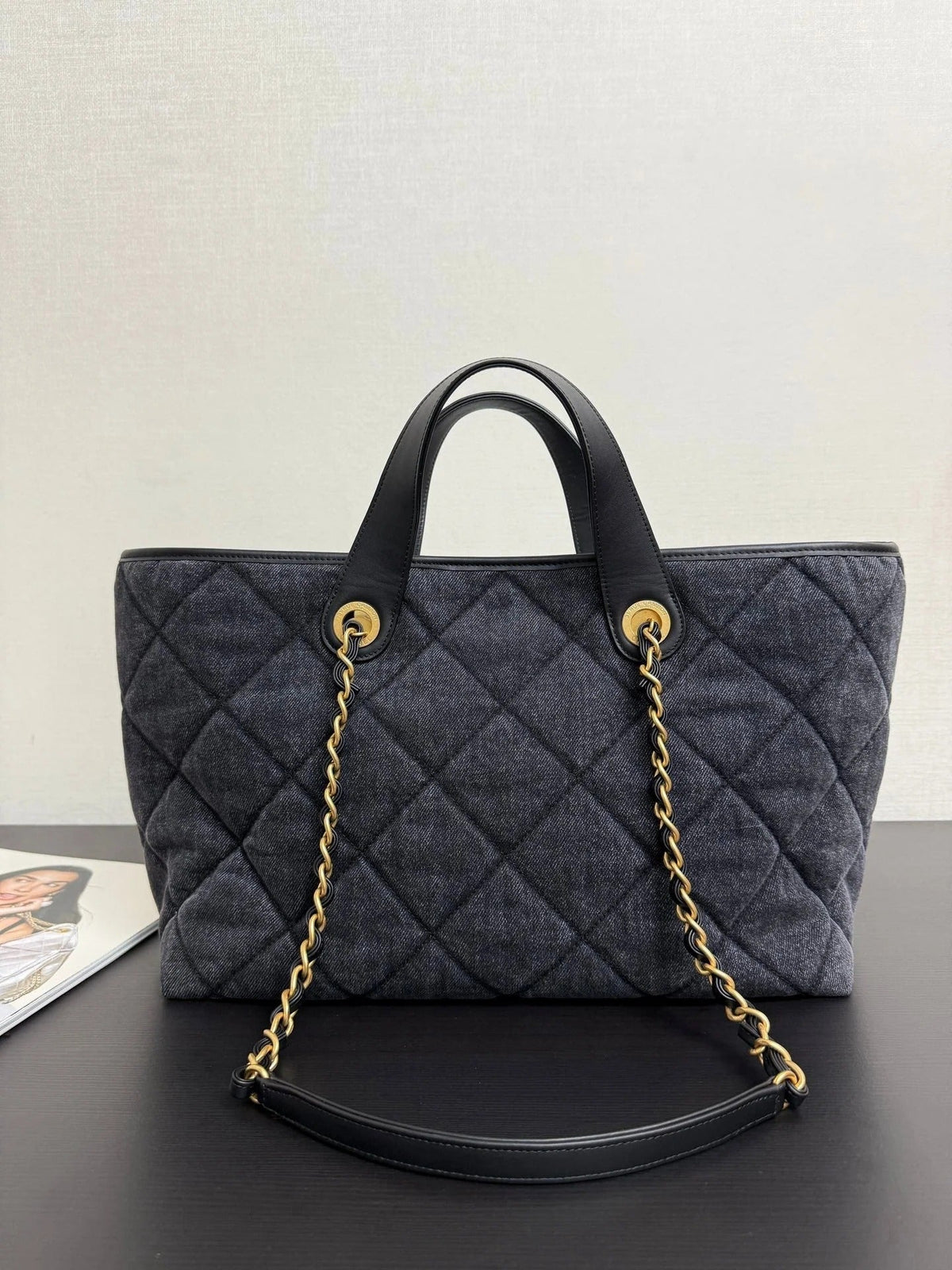 Chanel 2026 Tote Bag 44cm Black Quilted Denim Leather