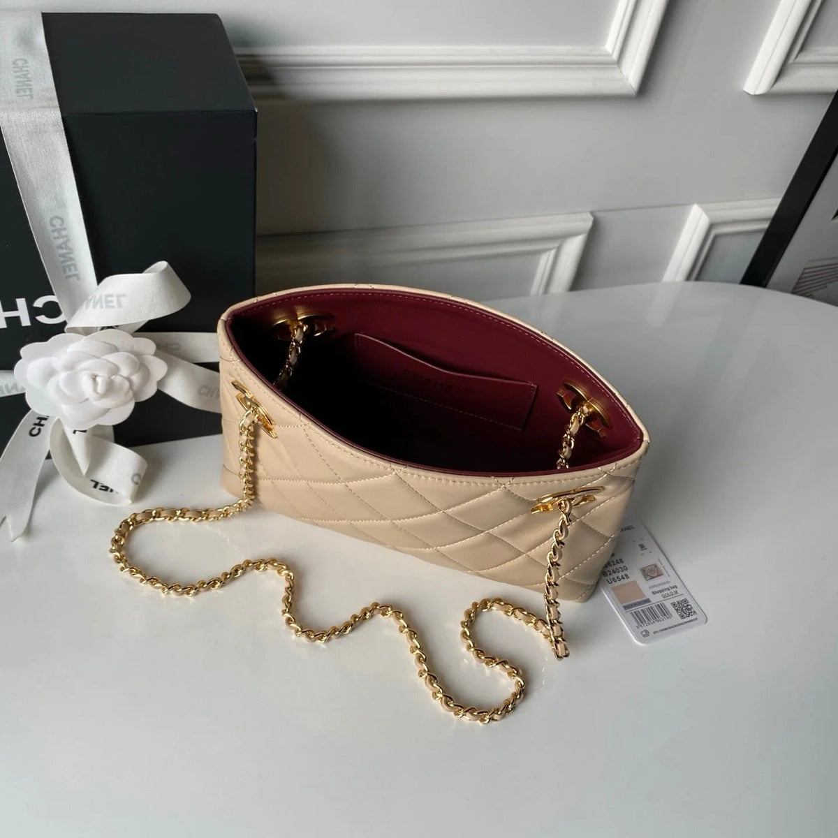 Chanel 2026 Small Shopping Tote Bag Black 24.5cm Beige Lambskin 348255