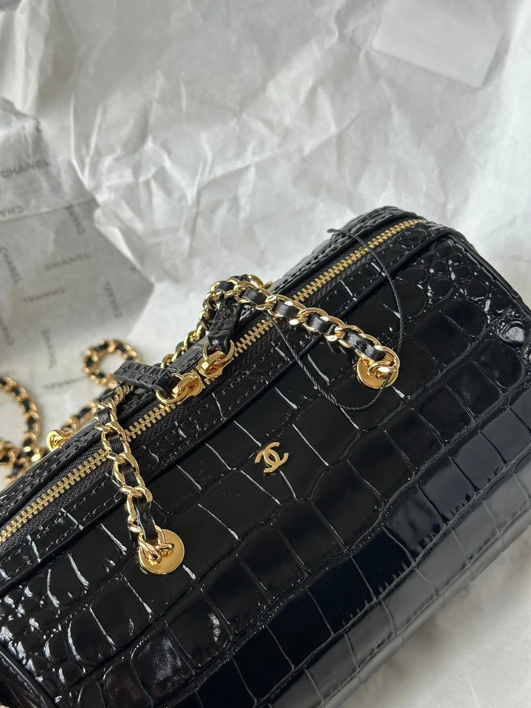 Chanel 2026 Crocodile Embossed Bowling Bag 18.5cm Leather