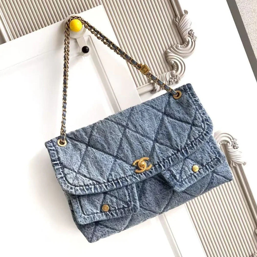 Chanel 2026 Classic Flap Bag 45cm Blue Denim Fabric Gold Hardware