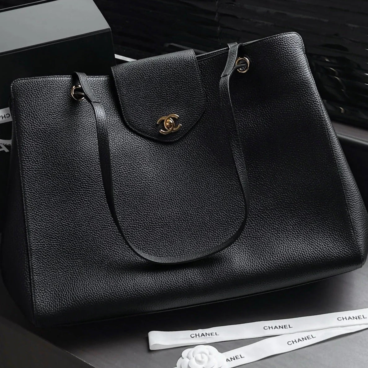 Chane 2026 Large Shopping Bag 46cm Black Calfskin