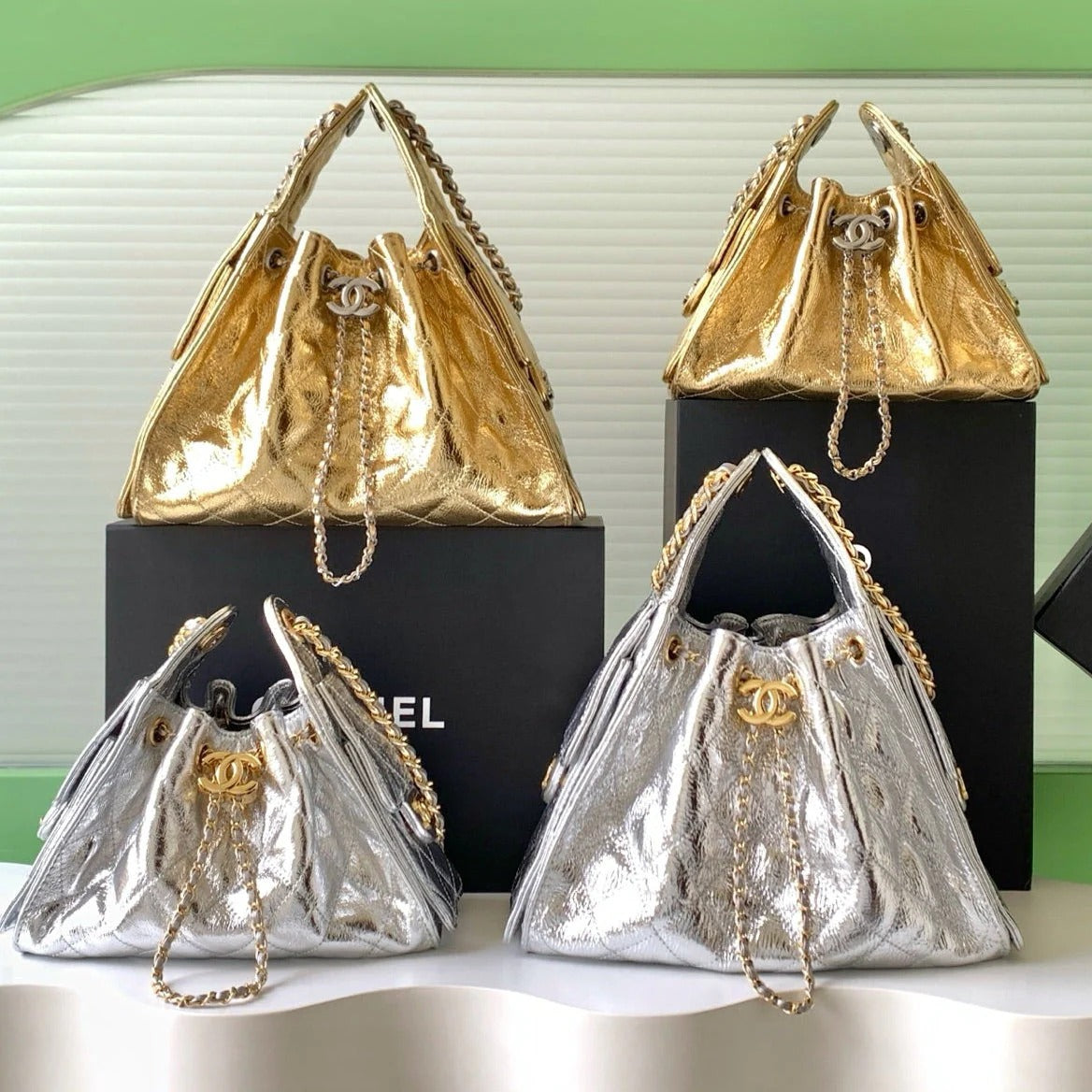 Chanel 2026 Hobo Shoulder Bag Gold And Silver Metallic Calfskin