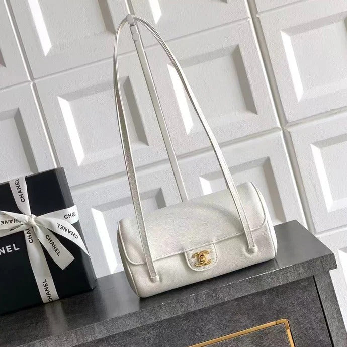 Chanel 2026 Bowling Ball Cylinder Bag White Caviar Leather