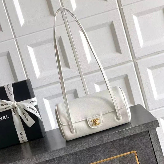 Chanel 2026 Bowling Ball Cylinder Bag White Caviar Leather