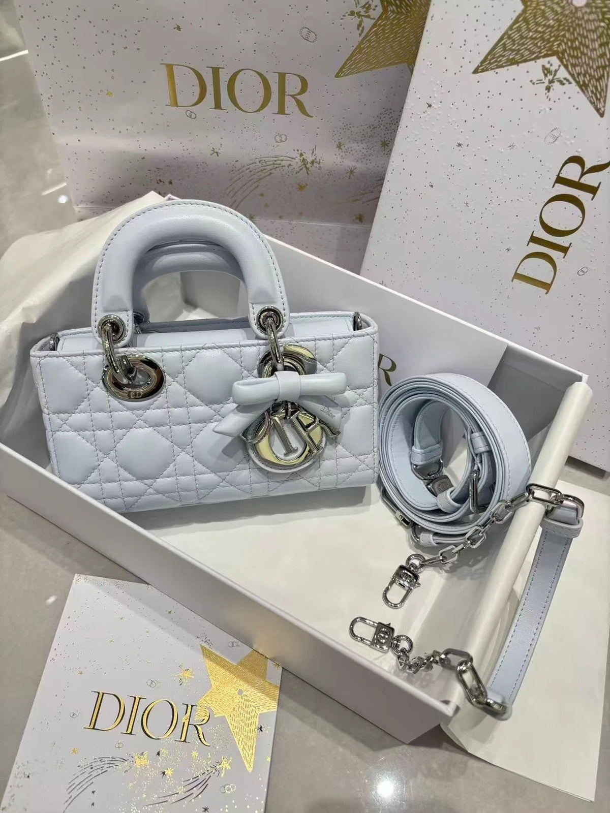 Dior 2026 Lady D-Joy 19cm Blue With Bow Detail Lambskin