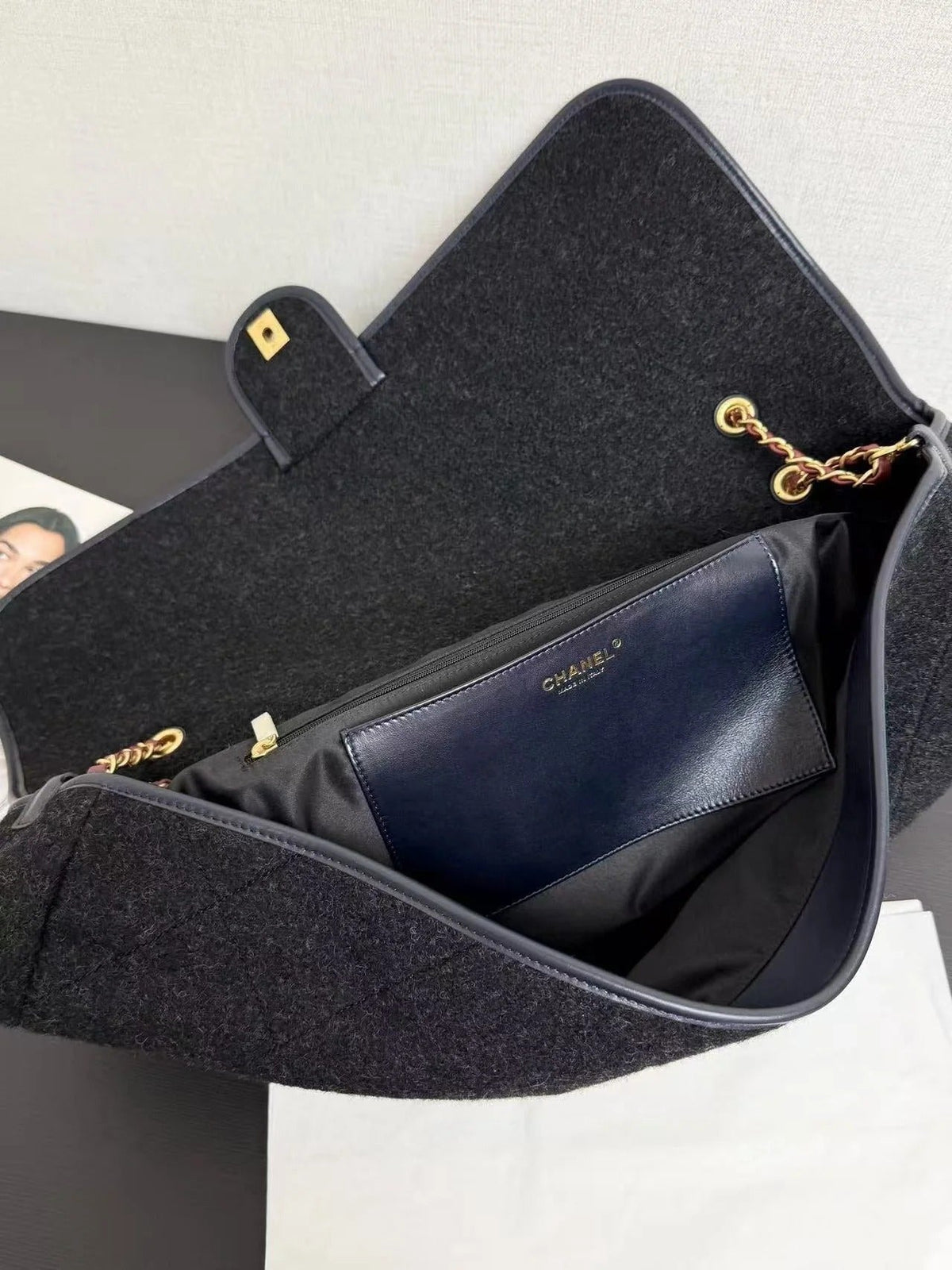 CC 2025 Maxi Flap Bag With Top Handle 56cm Black Wool Leather