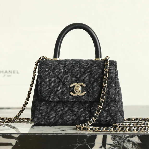 Chanel 2026 Coco Top Handle Bag 14.5cm Black Denim Leather 352687