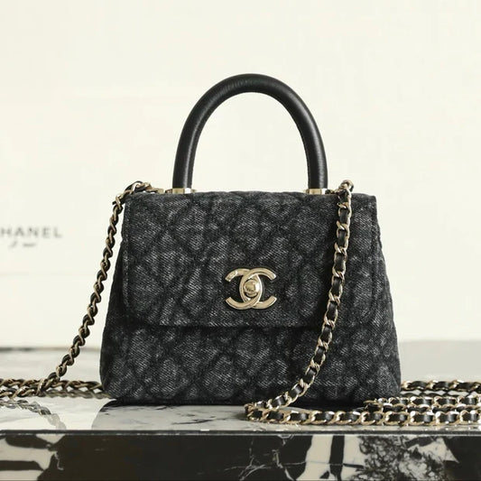 Chanel 2026 Coco Top Handle Bag 14.5cm Black Denim Leather 352687