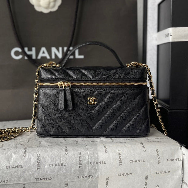 Chanel 2026 V-Shaped Quilted Chain Bag 19.5cm Black Caviar Leather