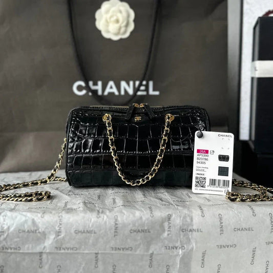 Chanel 2026 Crocodile Embossed Bowling Bag 18.5cm Leather