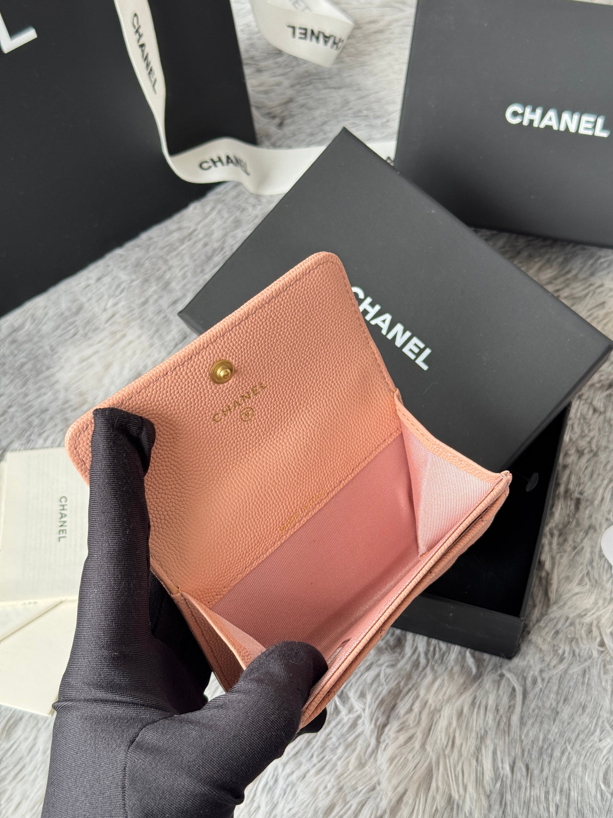 CC Boy Flap Card Holder Light Pink Gold-tone Grained Calfskin 242856