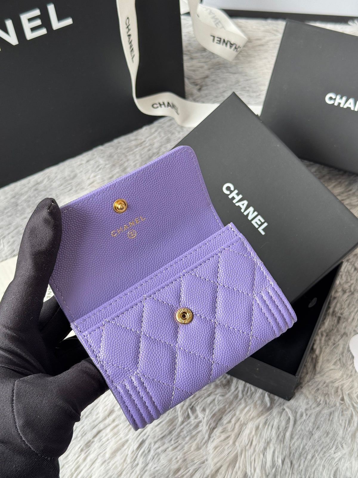 CC Boy Flap Card Holder Purple Gold-tone Grained Calfskin 242860