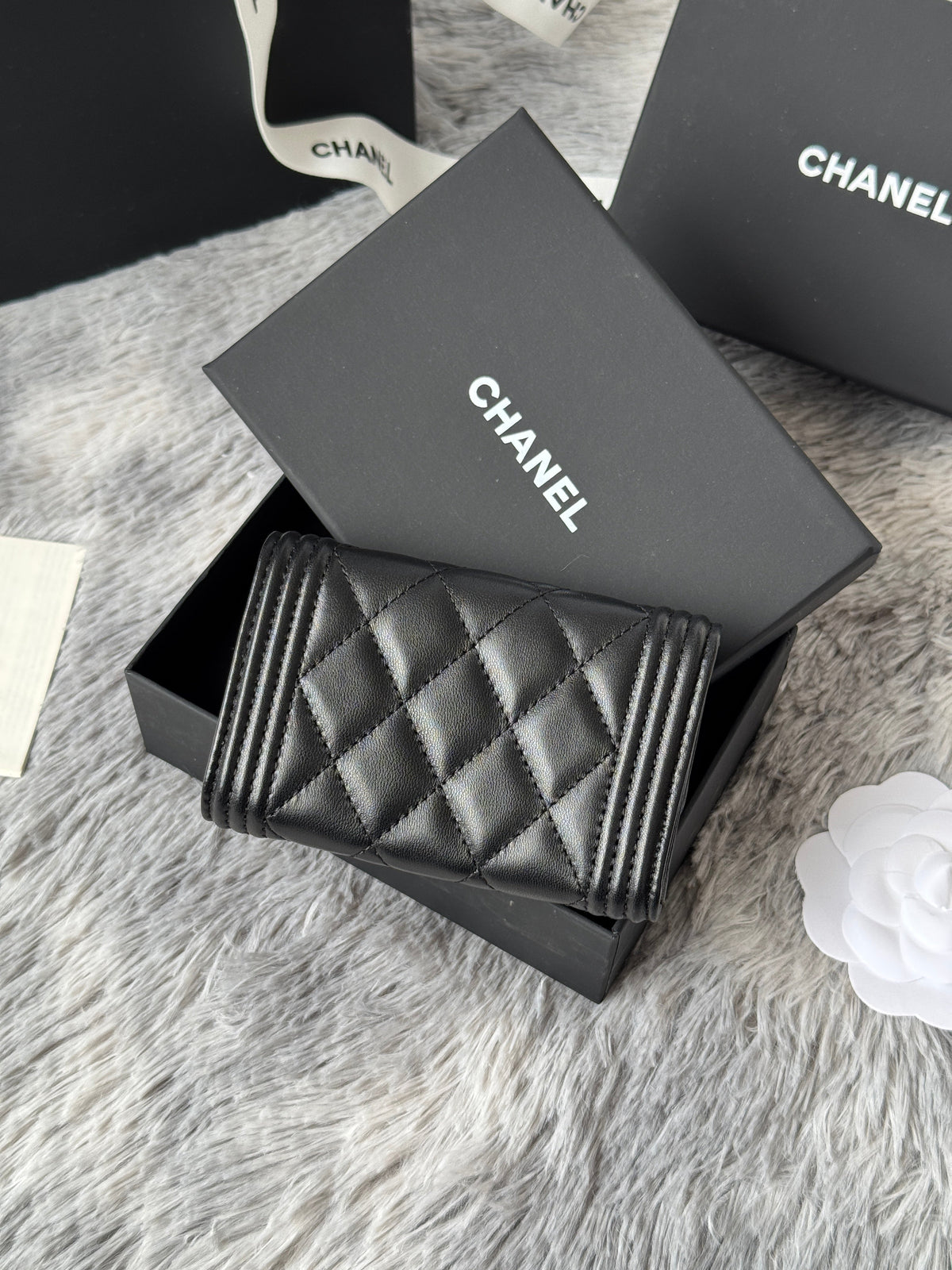 CC Boy Flap Card Holder Black Sliver-tone Lambskin 242864