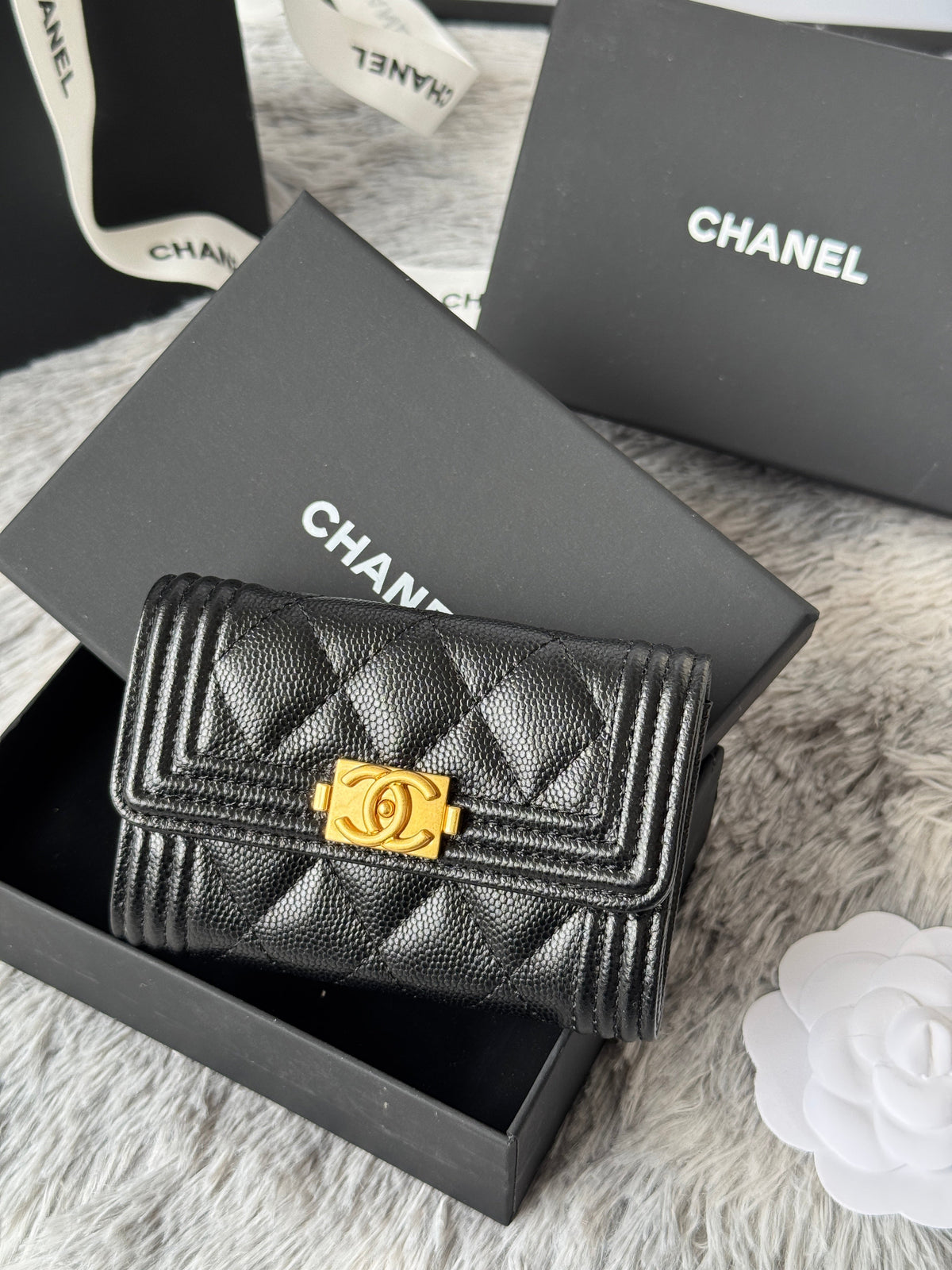 CC Boy Flap Card Holder Black Gold-tone Grained Calfskin 242866