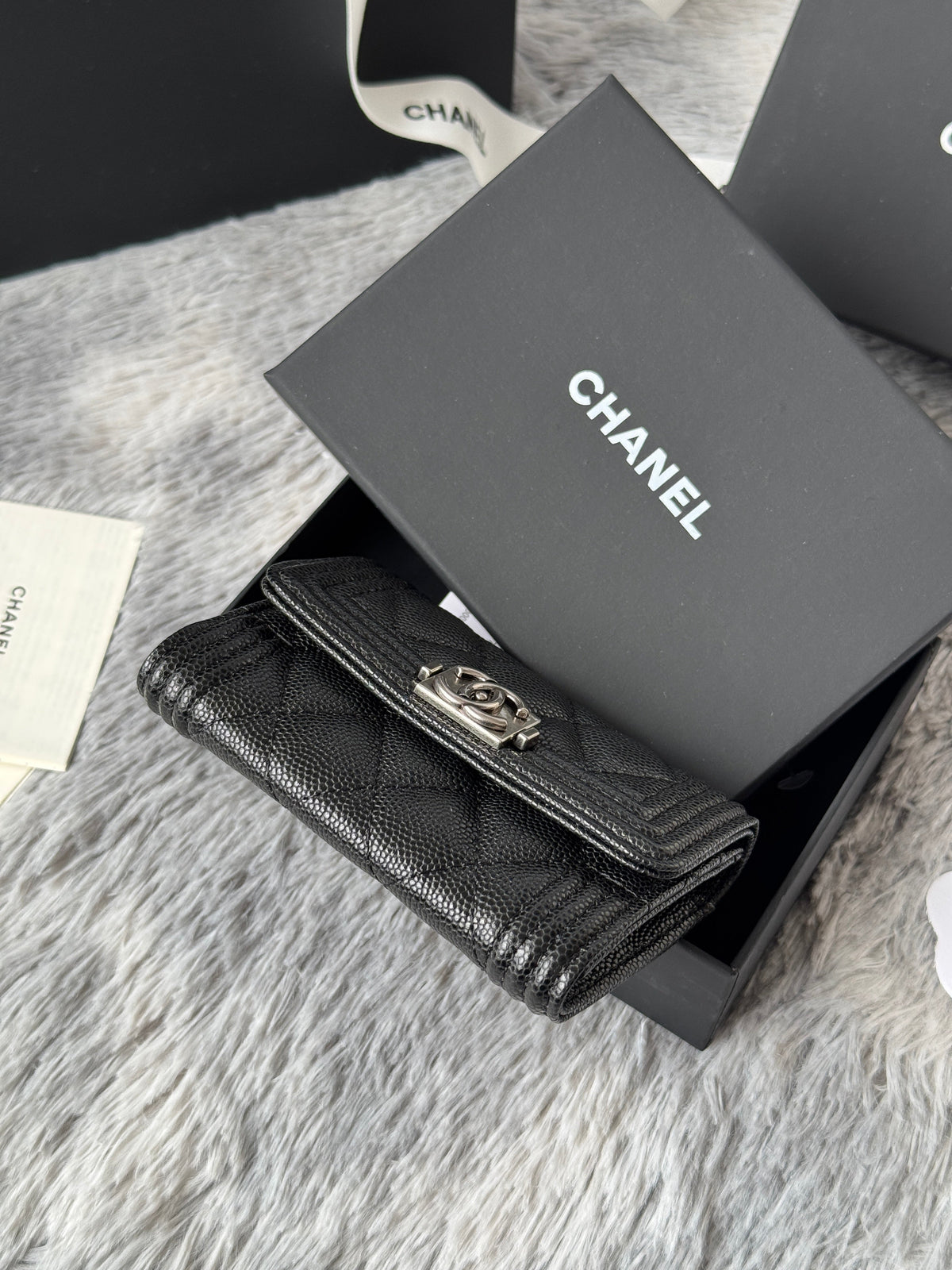 CC Boy Flap Card Holder Black Sliver-tone Grained Calfskin 242888