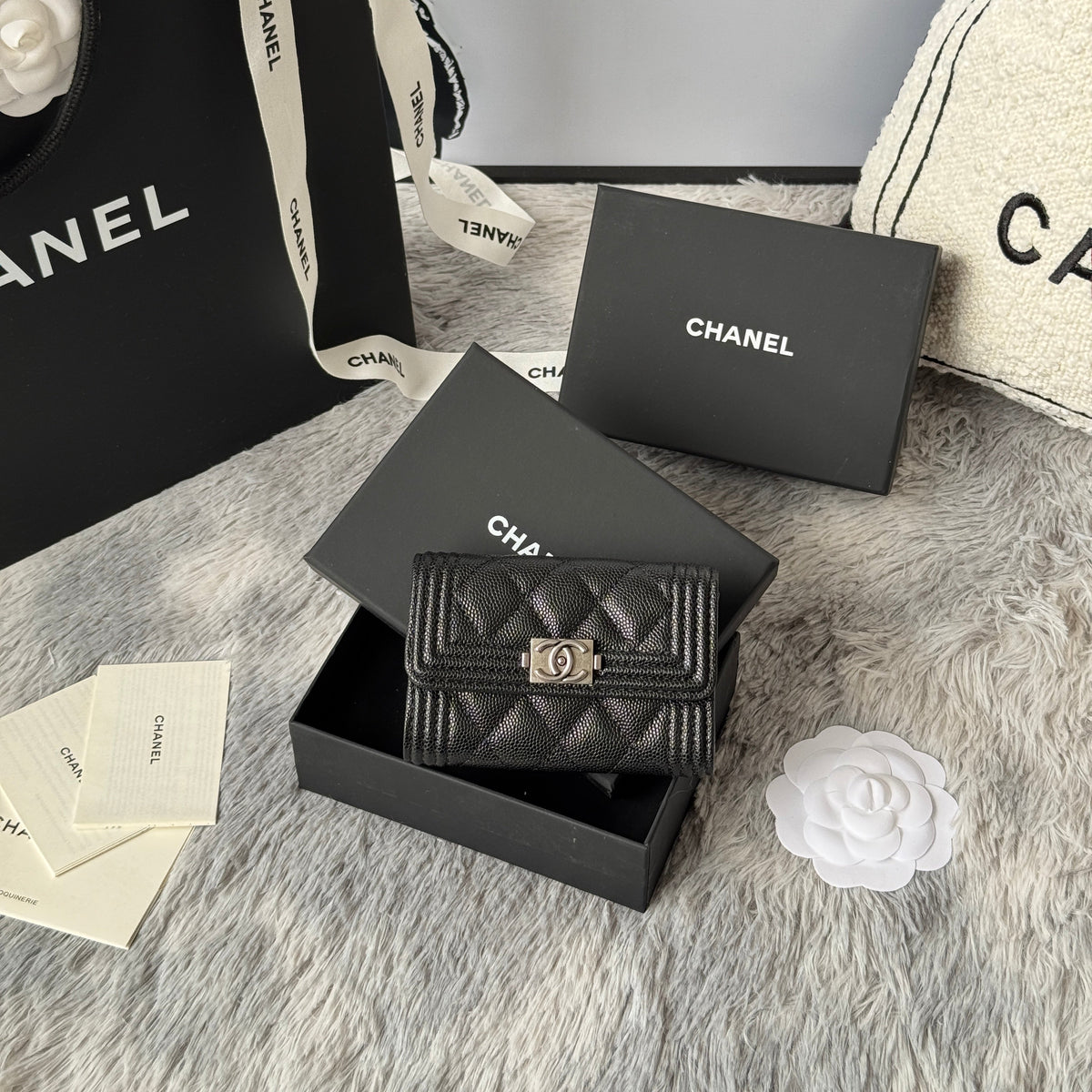 CC Boy Flap Card Holder Black Sliver-tone Grained Calfskin 242888